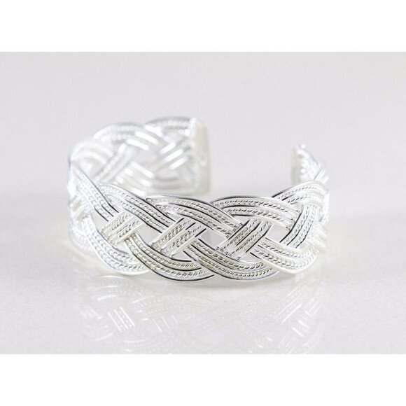 Sterling Silver Cuff Bracelet Large Braided Weave Cuff 7 1/2 Inch Adjustable - Picture 1 of 6